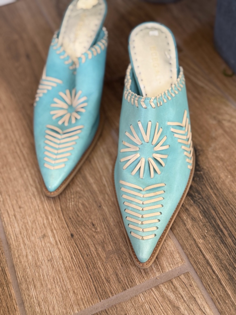 BCBGirls Turquoise Leather Pointed Mule with Cream Inlay
